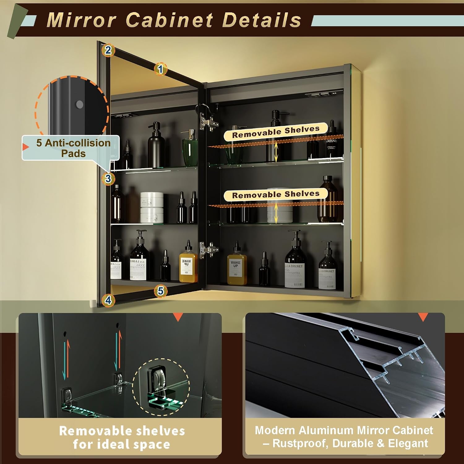 Opened cabinet showing removable glass shelves, anti-collision pads and inset close-ups of shelf fittings and aluminum