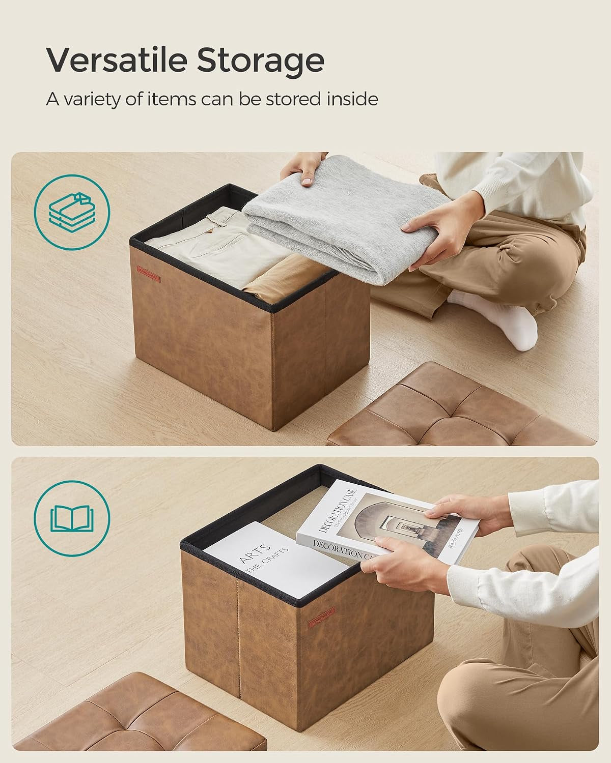 Open coffee brown storage ottoman showing folded lid removed and clothing stored inside