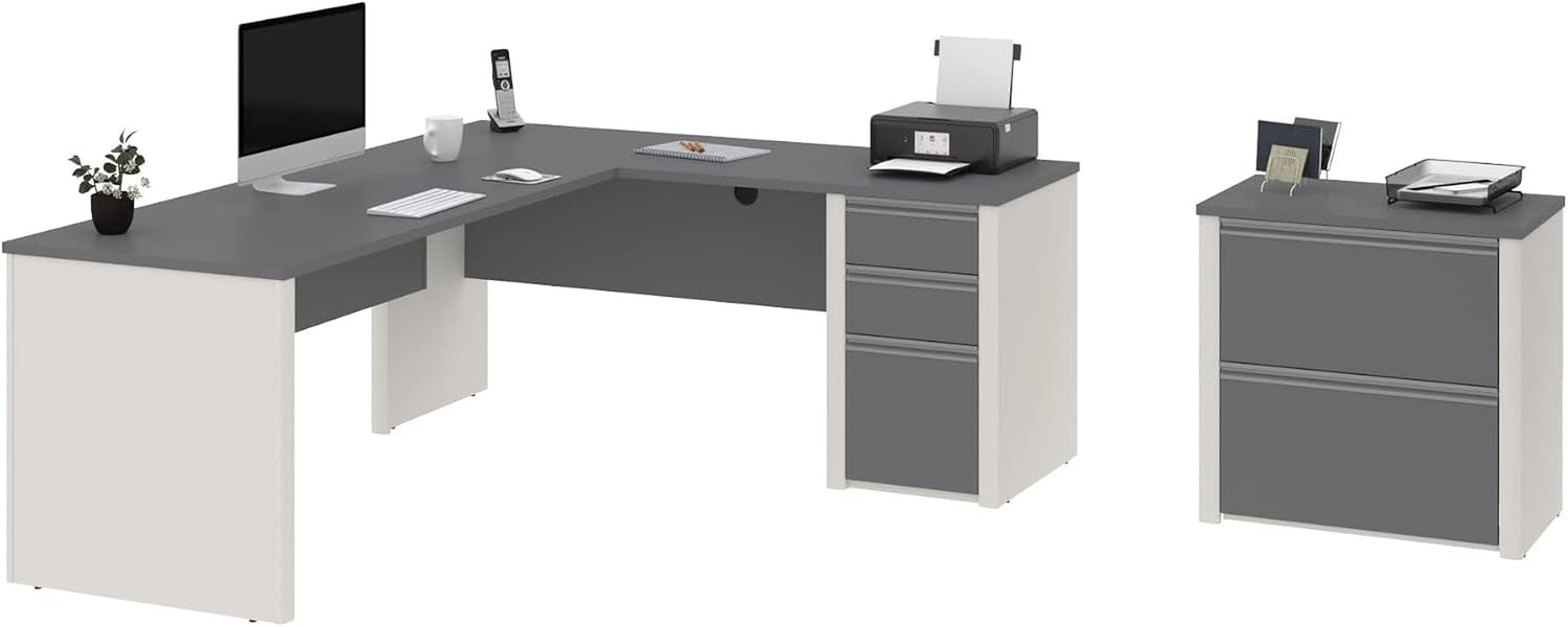 Configuration view of L-shaped desk with separate two-drawer file cabinet in sandstone and slate-gray finishes