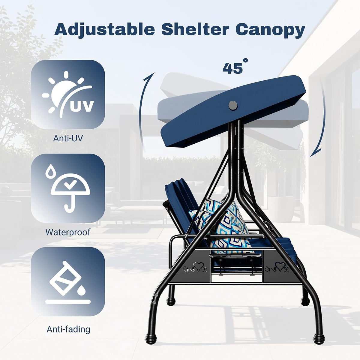 Side profile of blue patio swing showing adjustable canopy tilted at various angles