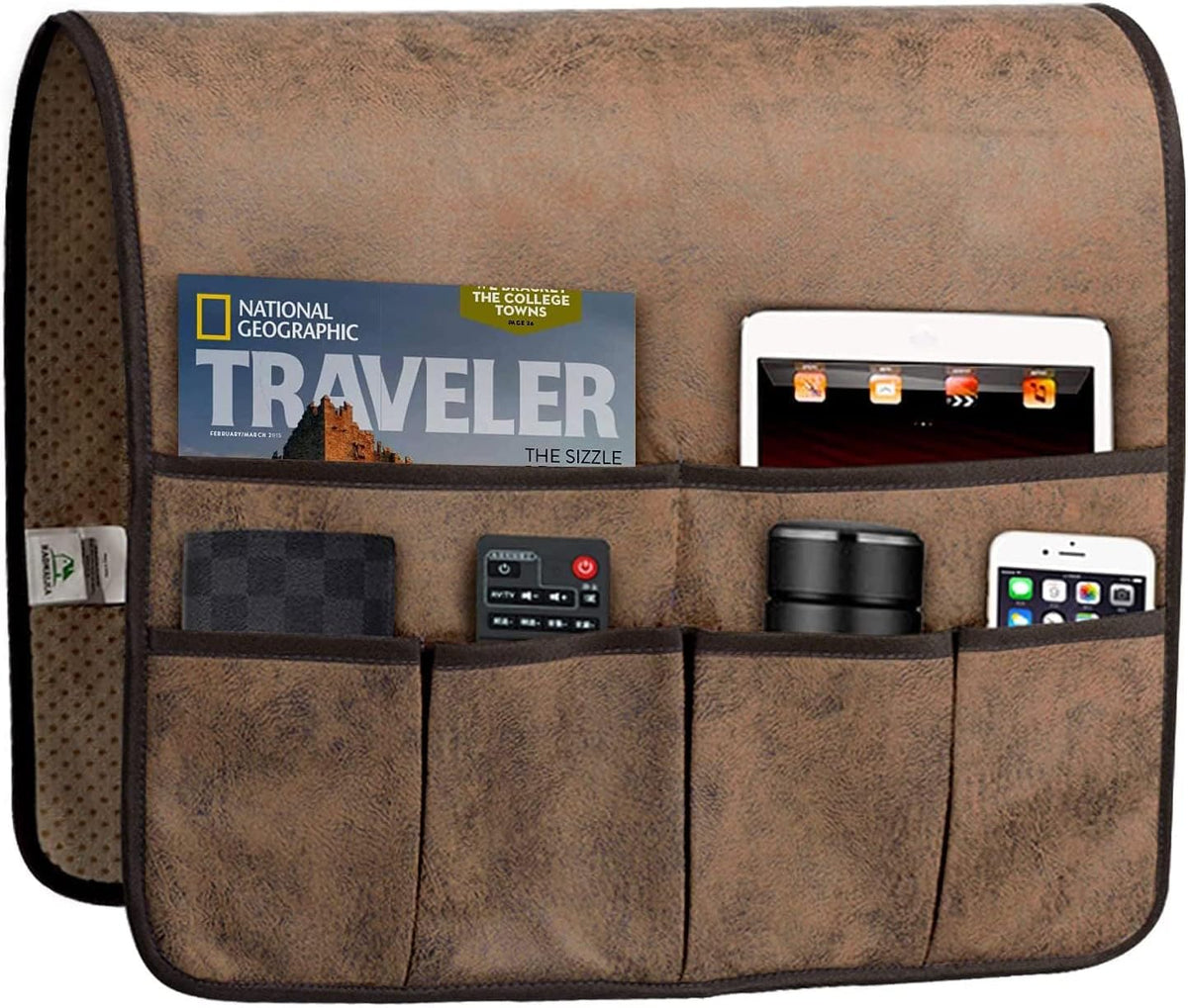 Front close-up showing a magazine and tablet in the upper pockets and remotes below