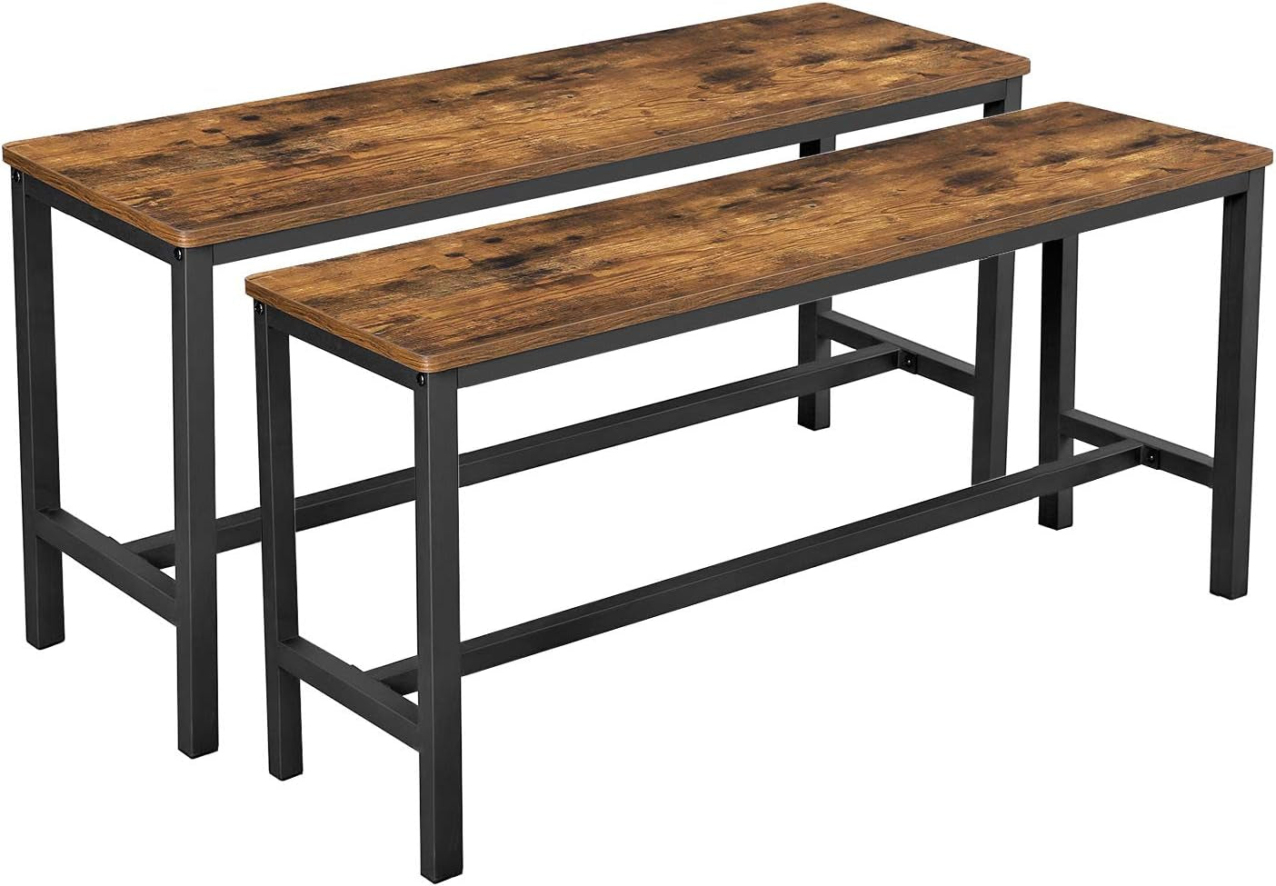 Two dining benches with rustic brown tops and black metal frames, angled front view on white background