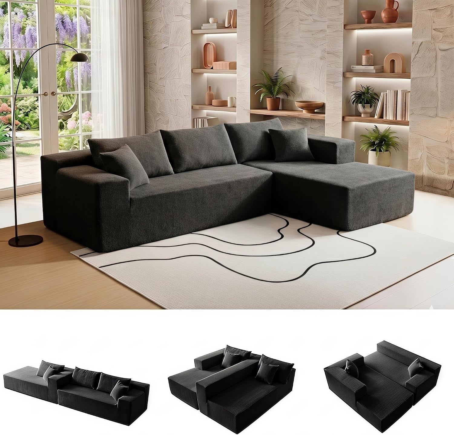 Dark charcoal modular L-shaped sectional with chaise in a bright living room and built-in shelves