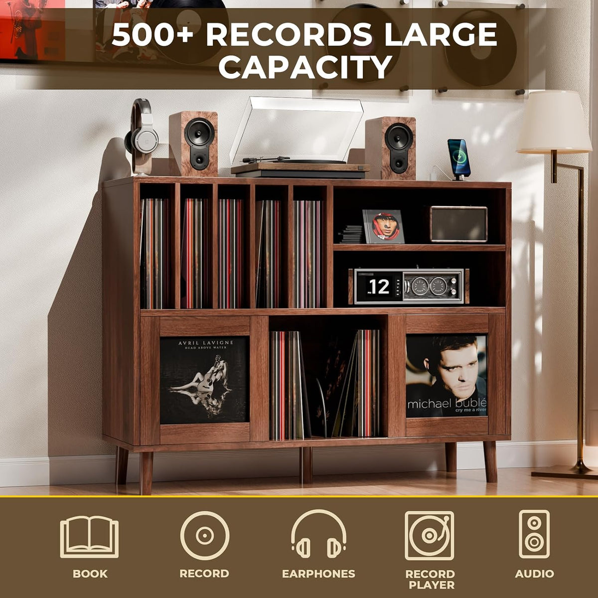 Front view of walnut record player stand displaying vinyl across slots with a banner noting 500+ records capacity