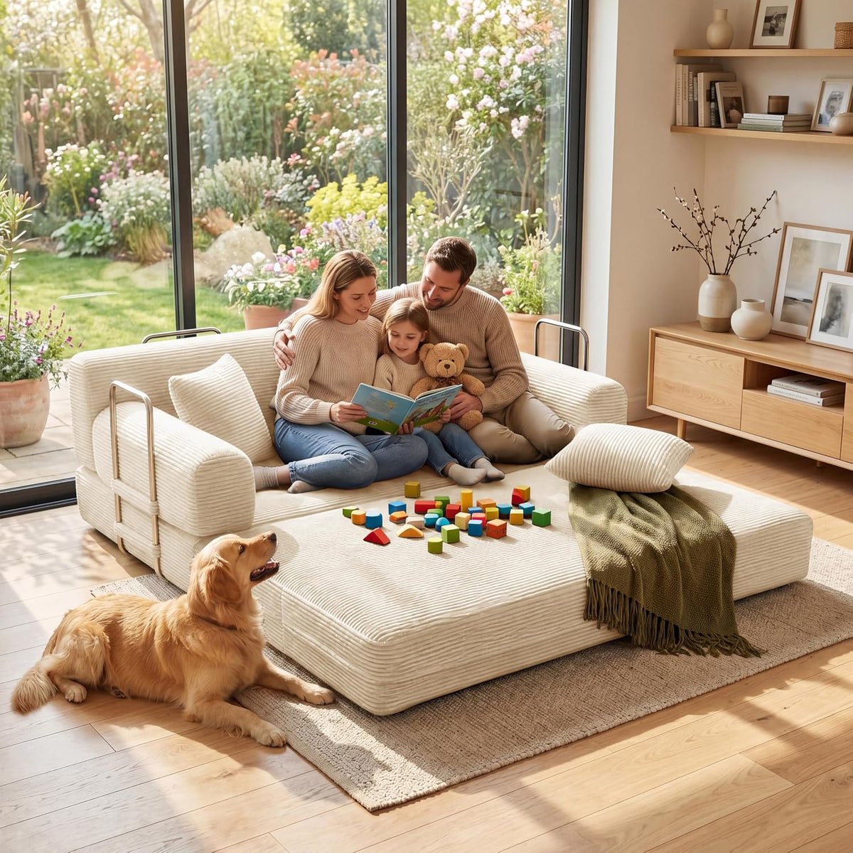 Family seated on a fully opened beige futon-style sleeper in a sunlit room with a dog on the floor