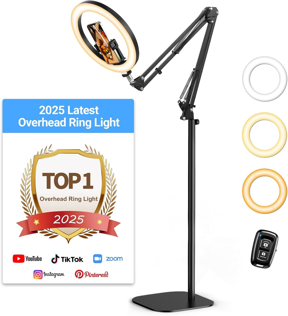 Tall floor-style stand with ring light arm, shown with three color-temperature ring icons and a wireless remote.