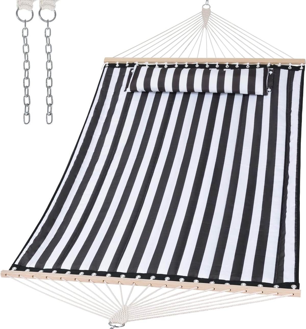 Top-down angled view of a black-and-white vertically striped hammock with pillow and hanging chains visible at the corner