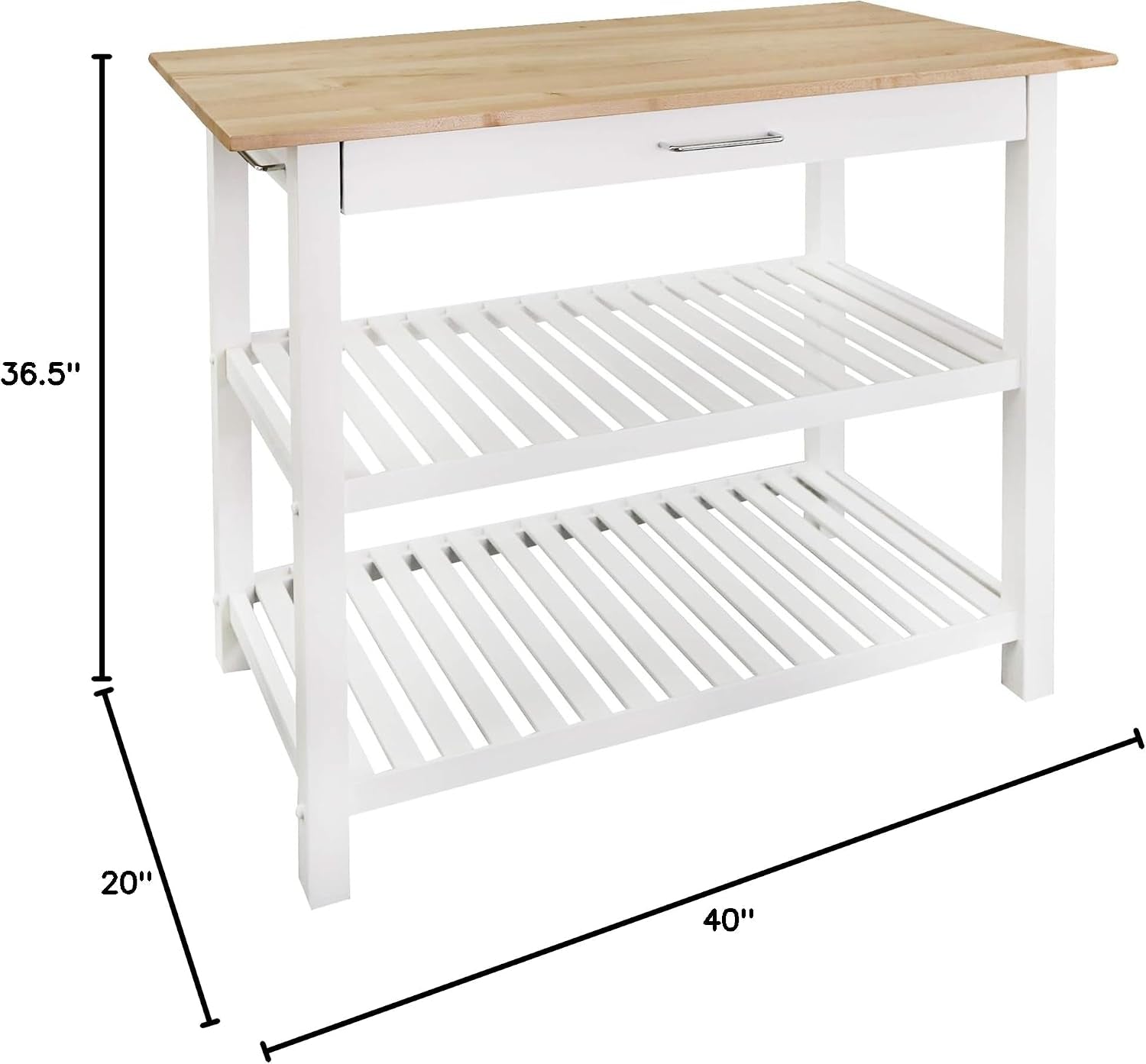 Front three-quarter view of island with two slatted shelves and natural wood top, dimension lines shown.