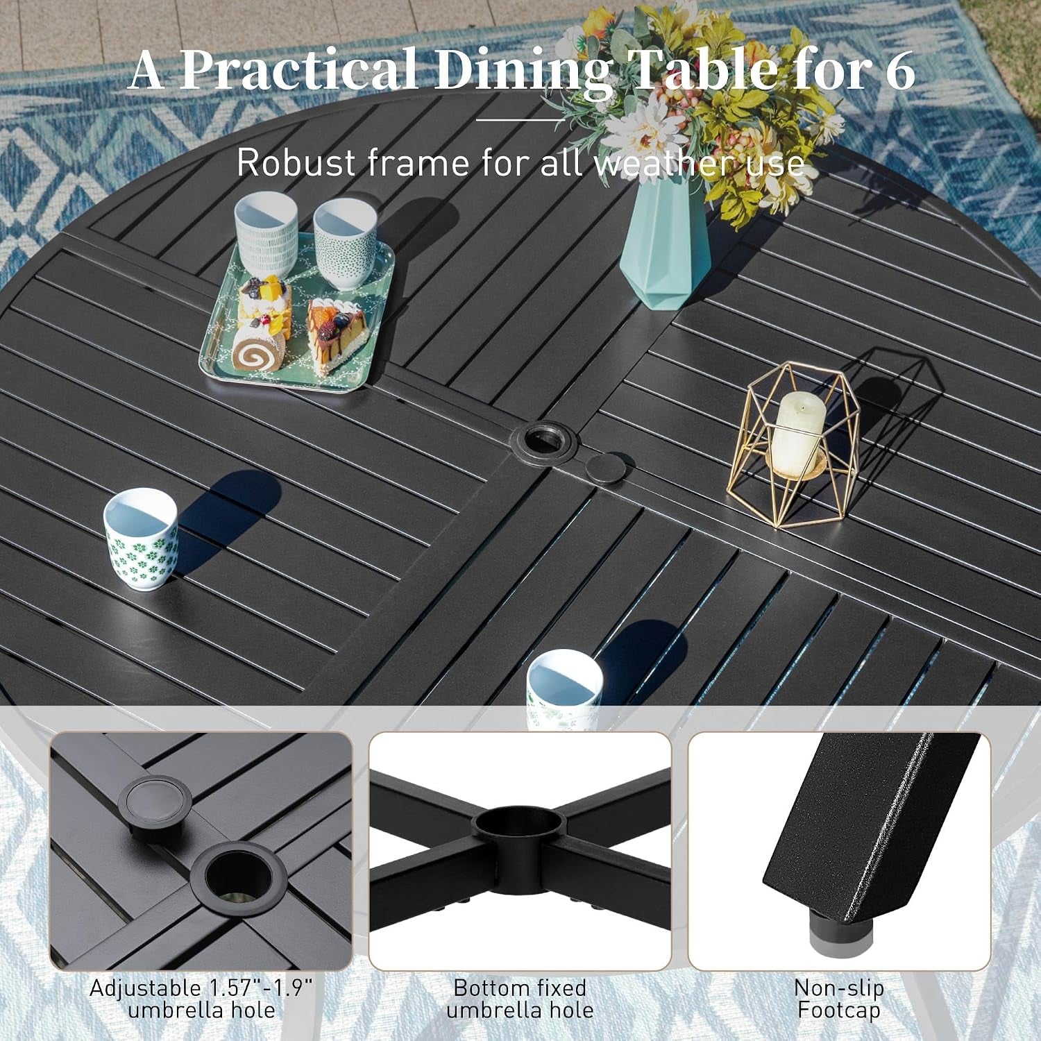 Close-up of table center showing the 1.57" umbrella hole, cross-frame support and a non-slip footcap