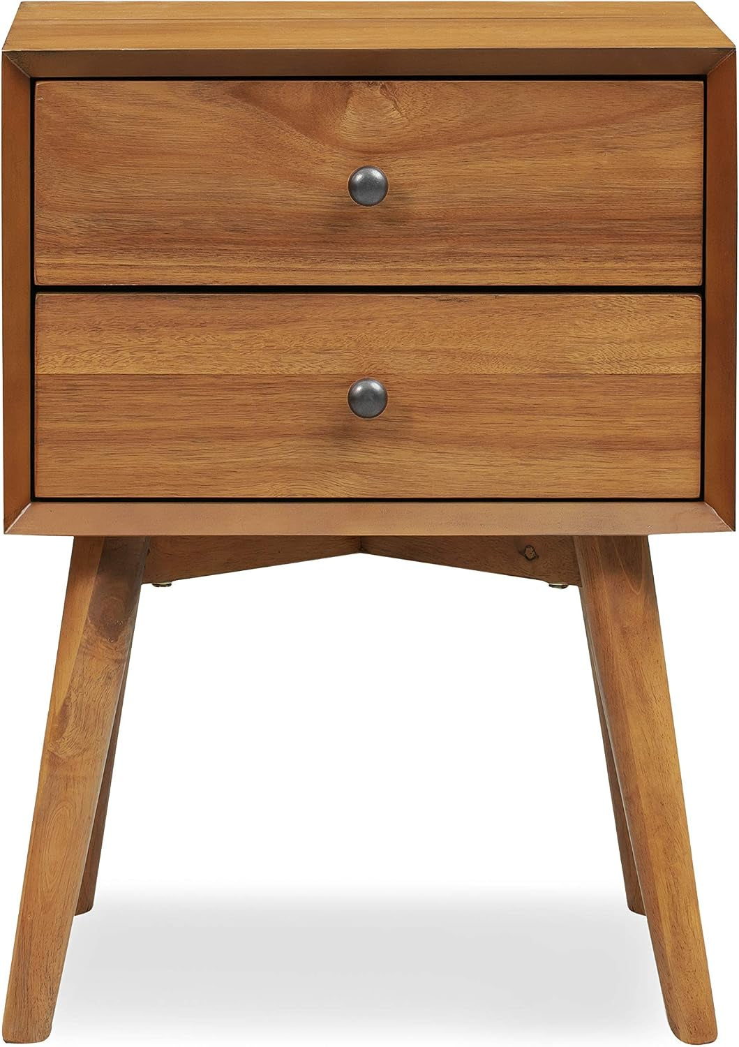 Front view of the two-drawer nightstand showing round metal knobs and an inset base