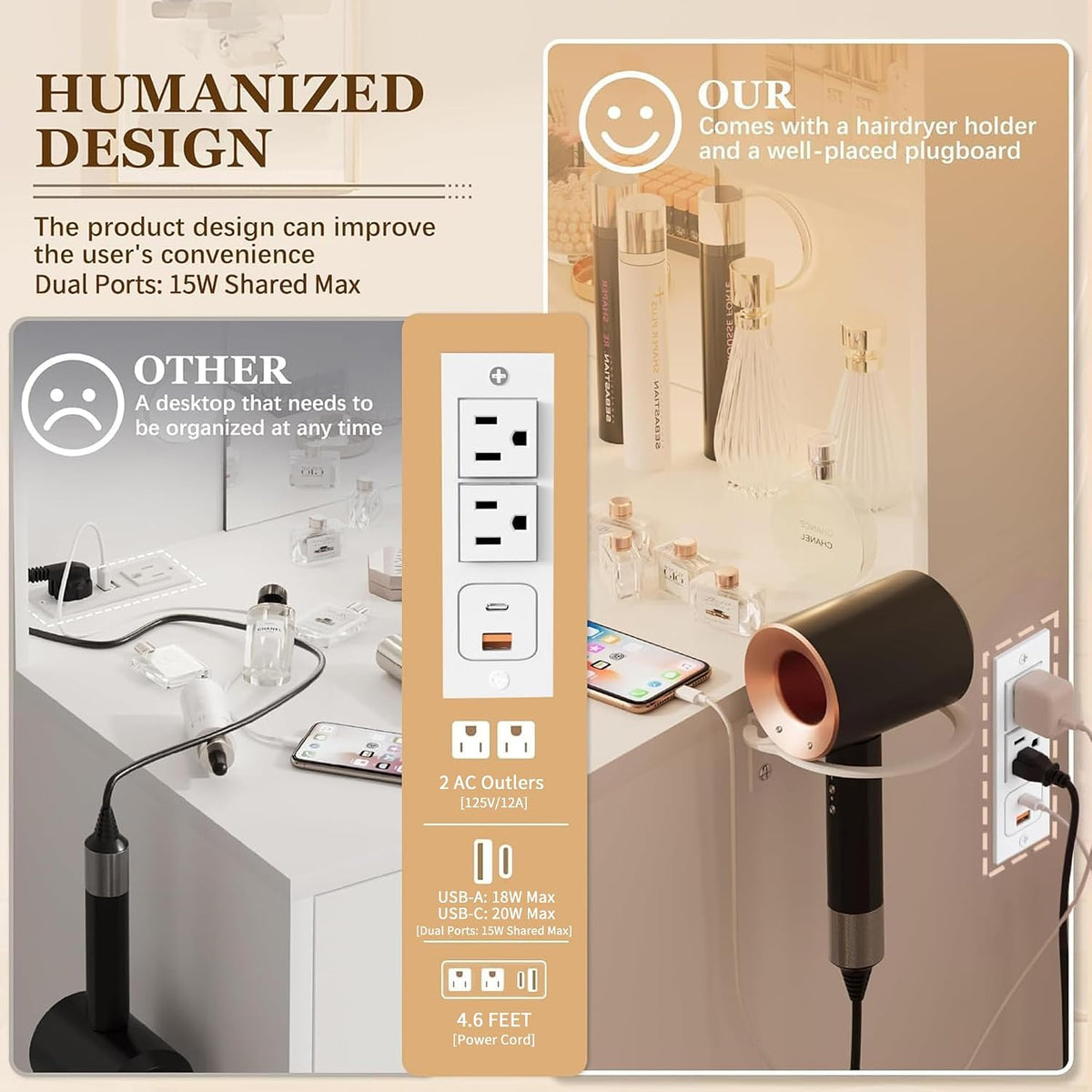 Close-up of the vanity's built-in power hub and the attached hair-dryer holder at the desk edge.