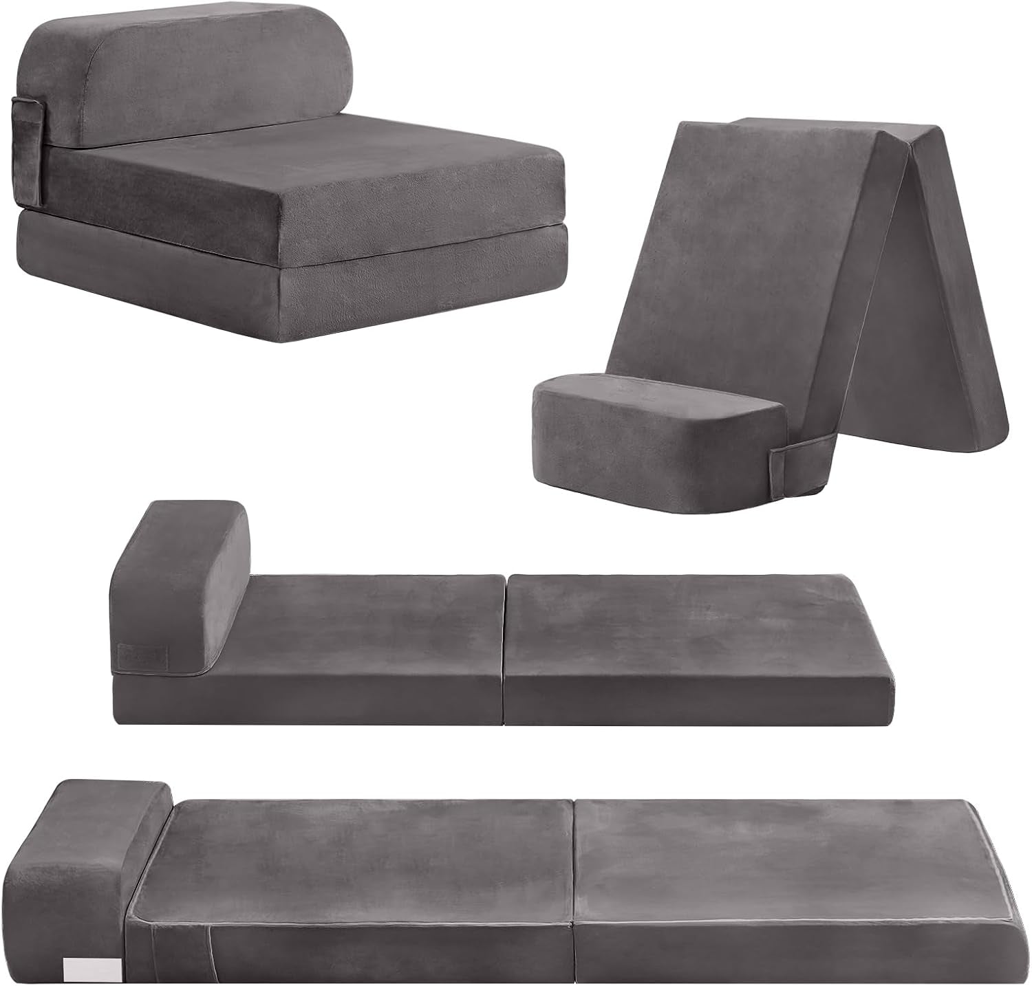 Gray folding toddler sofa shown as chair, propped seat, partially unfolded mat, and fully flat bed in separate shots.