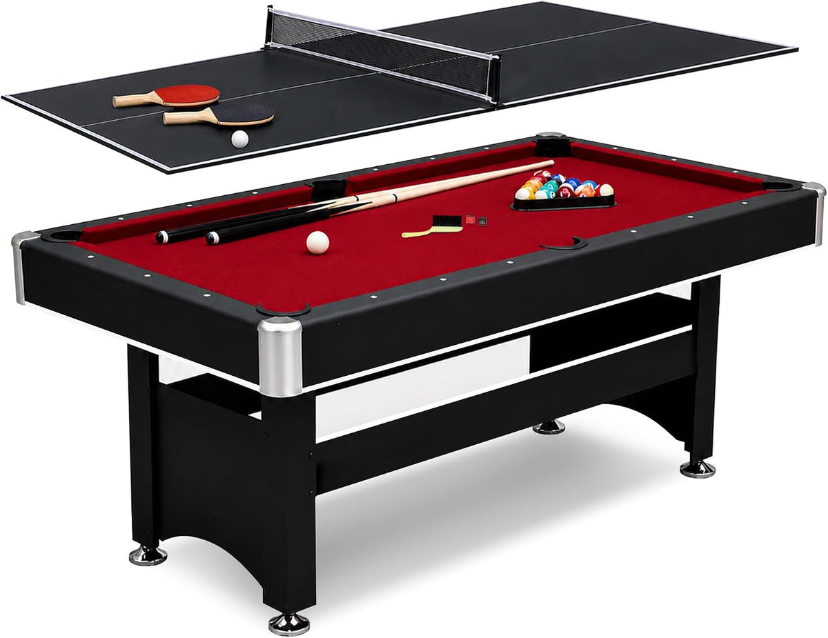 Multigame pool table with red felt and black frame shown with detached black table tennis top above the playing surface