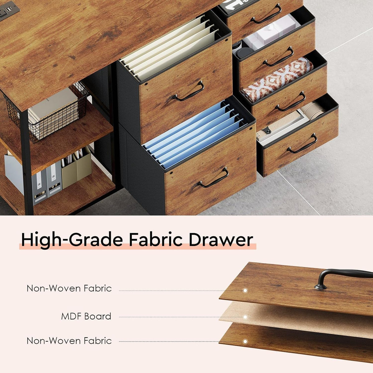 Top-down close view of open fabric drawers showing hanging file folders and small accessory drawers