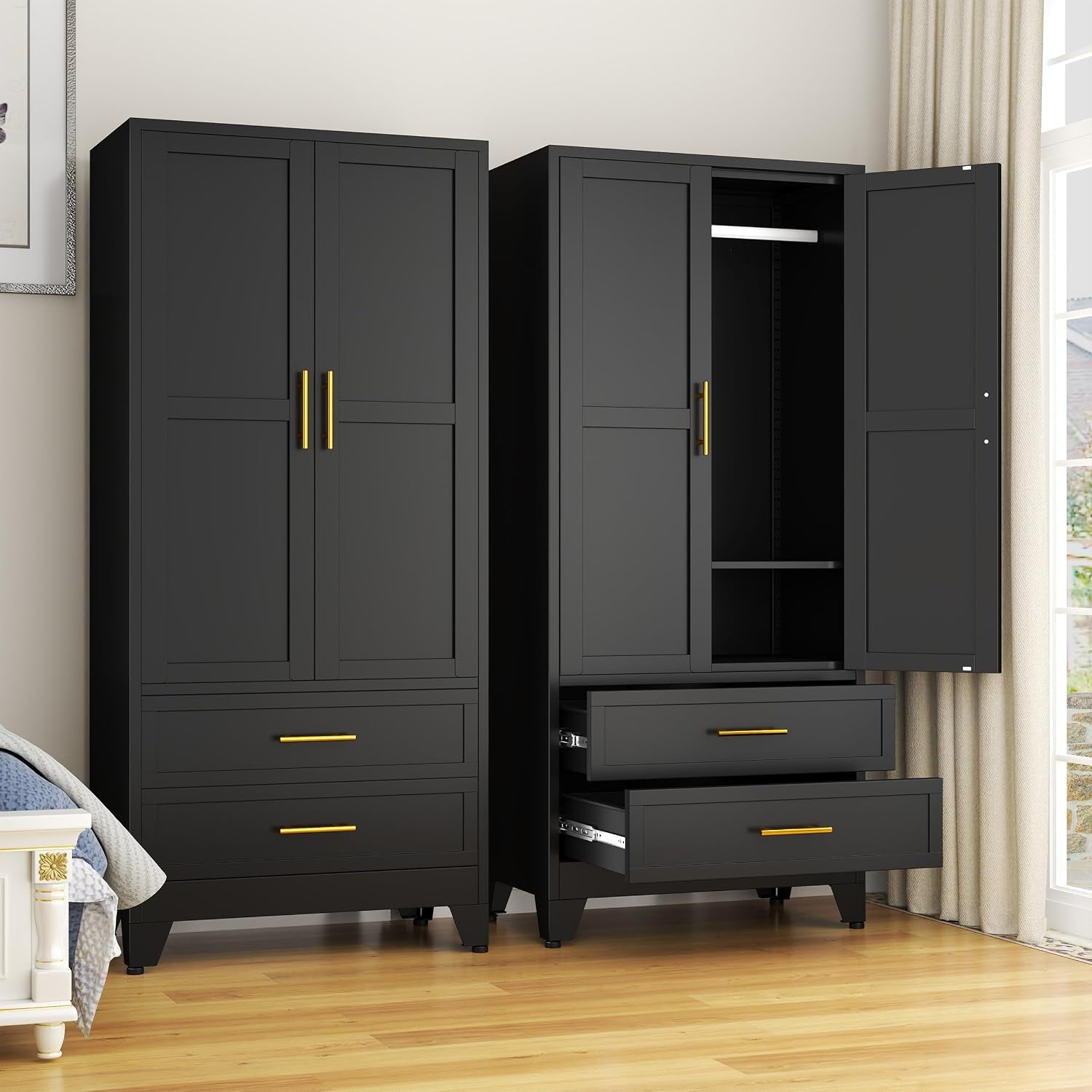 Two black armoires against a light wall; right unit doors open to reveal hanging rod and two partially extended drawers with