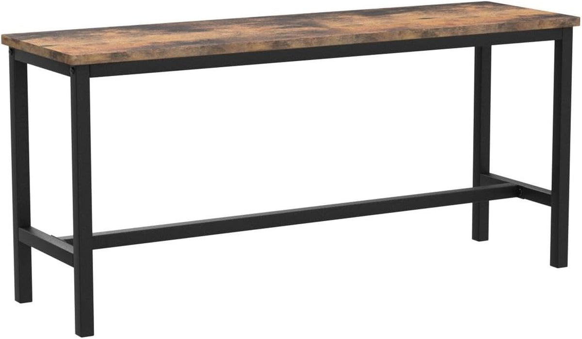 Single bench with rustic brown top and matte black steel frame, side view on a white background