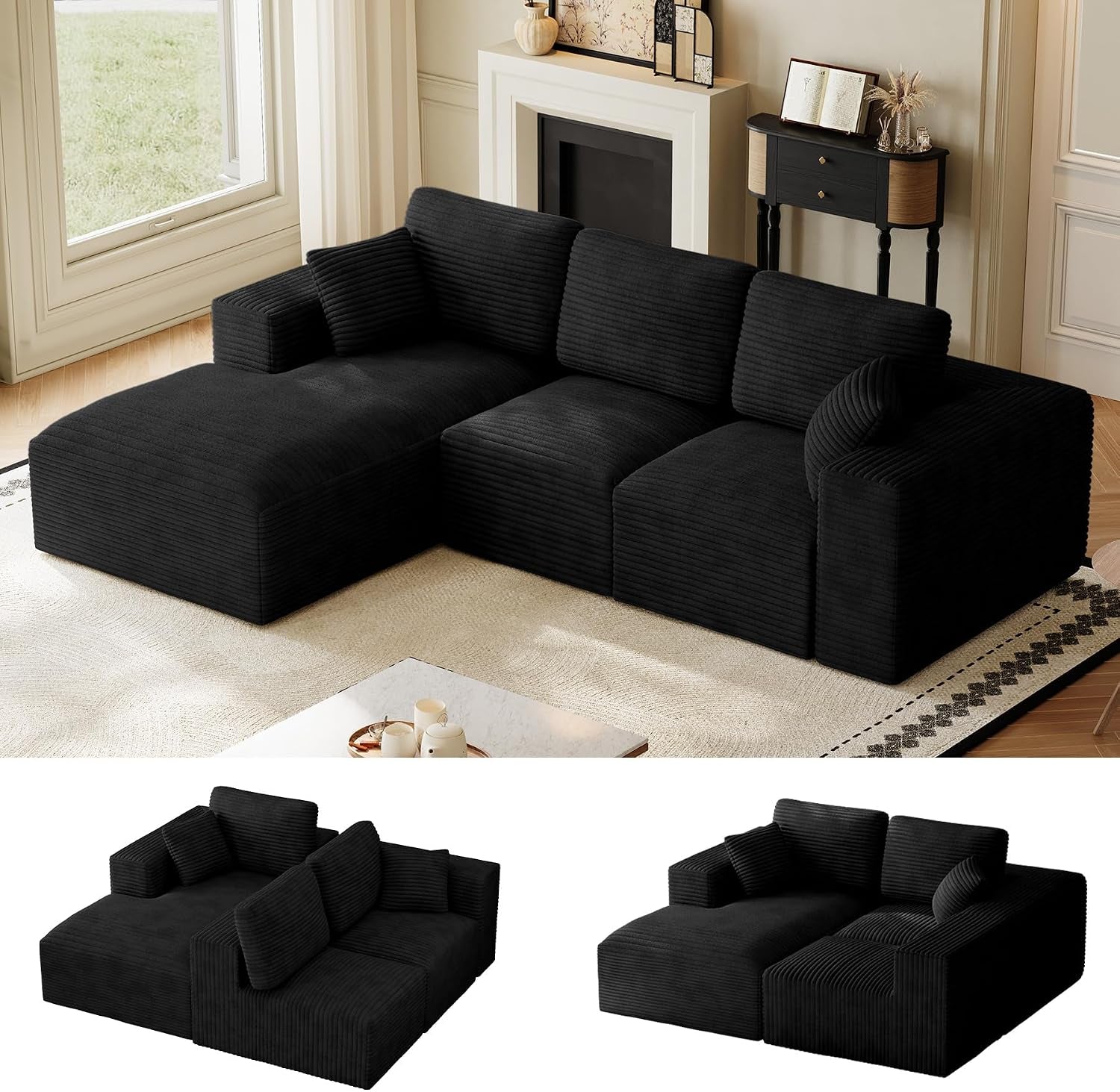 Black corduroy modular sectional staged in a room with two small inset images showing alternate module arrangements.