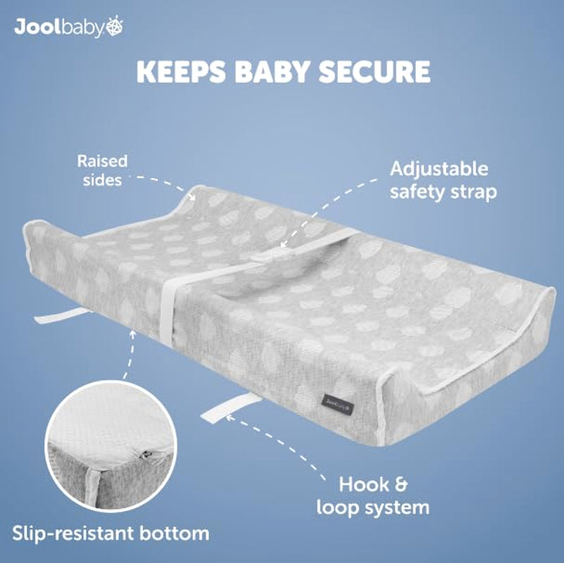 Angled studio shot of the gray contoured changing pad on blue background with callouts pointing to raised sides, strap and