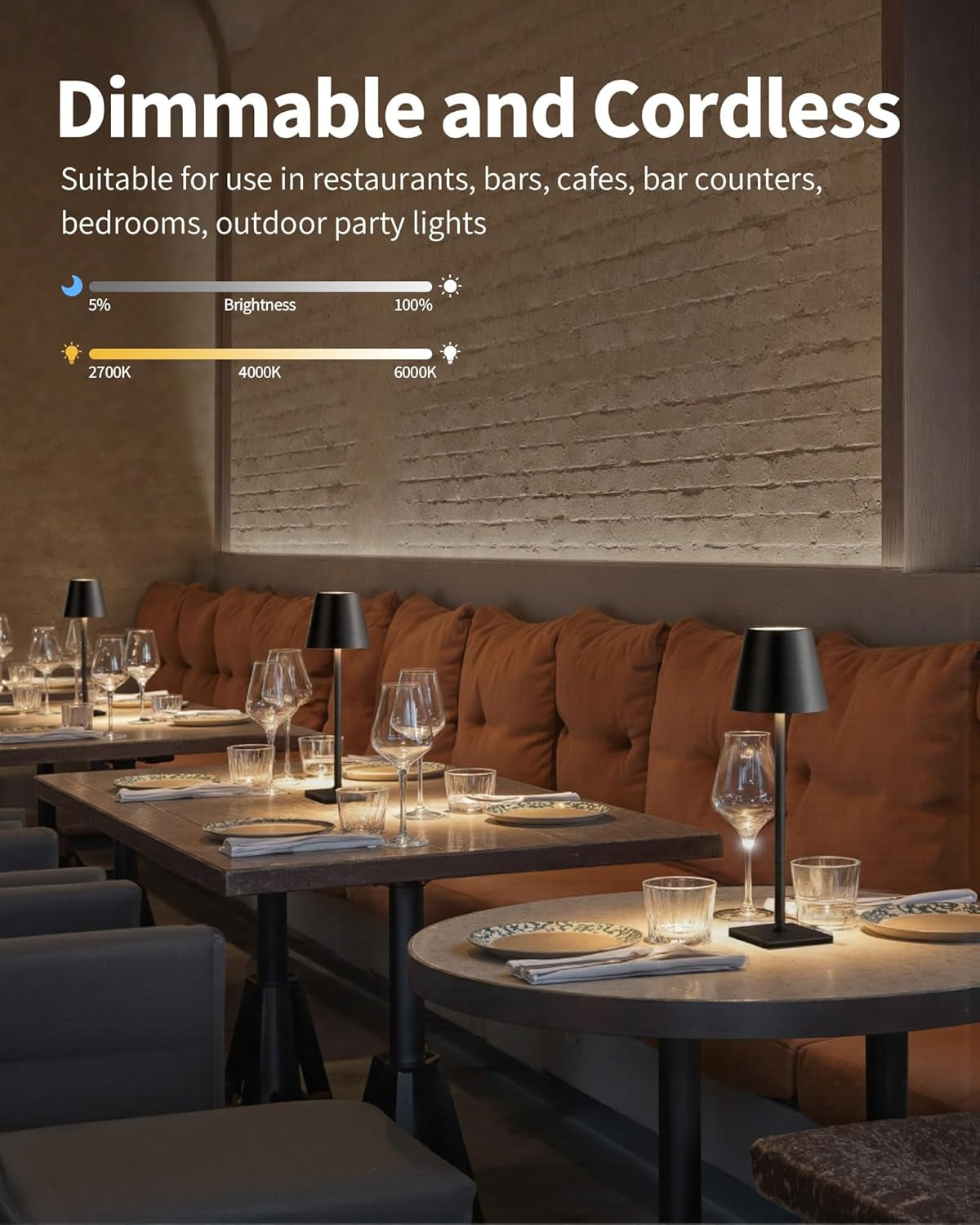 Multiple black cordless table lamps on restaurant tables illustrating dimmable warm-to-cool lighting