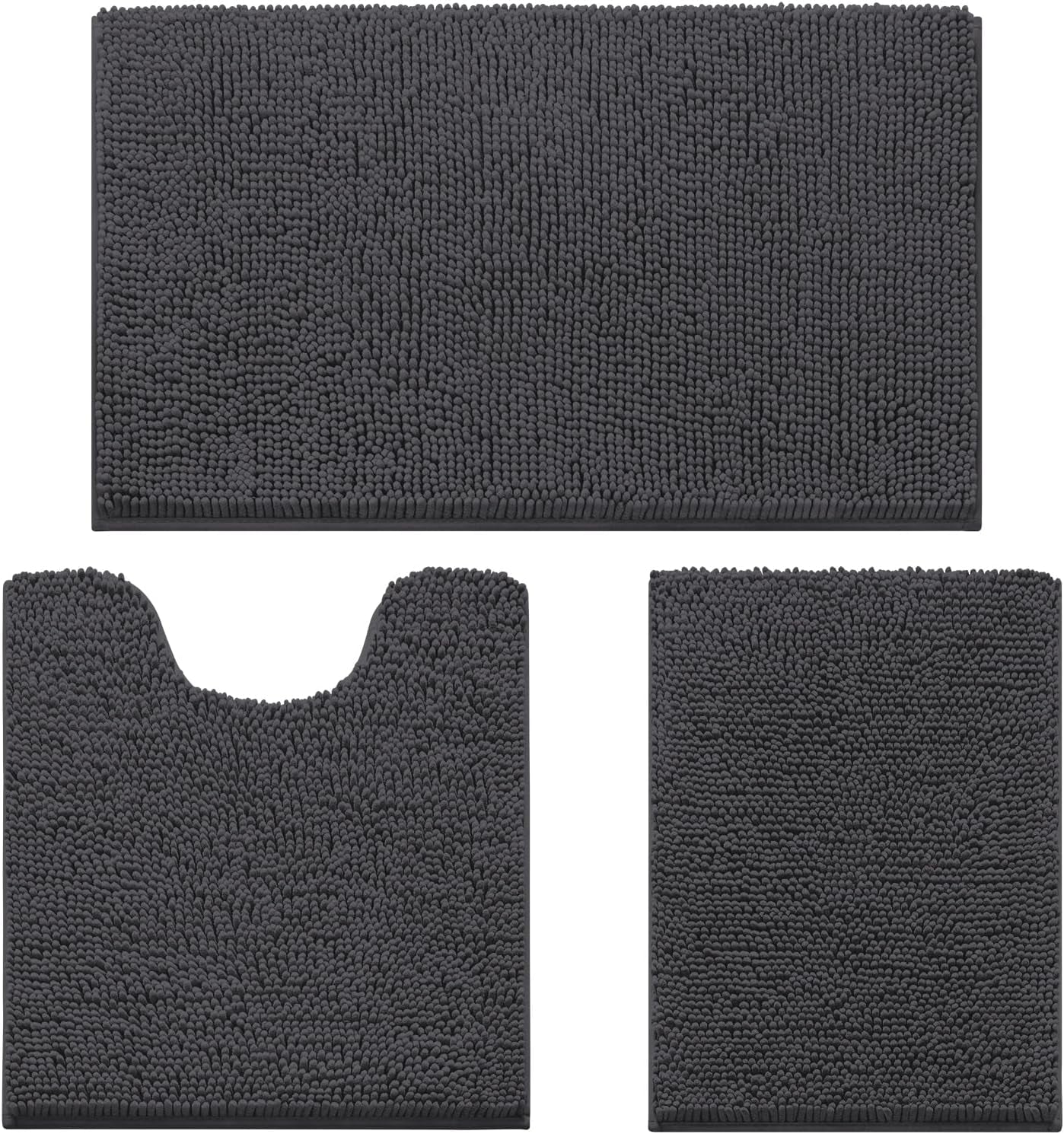 Three-piece chenille bathroom rug set in charcoal grey shown flat against white