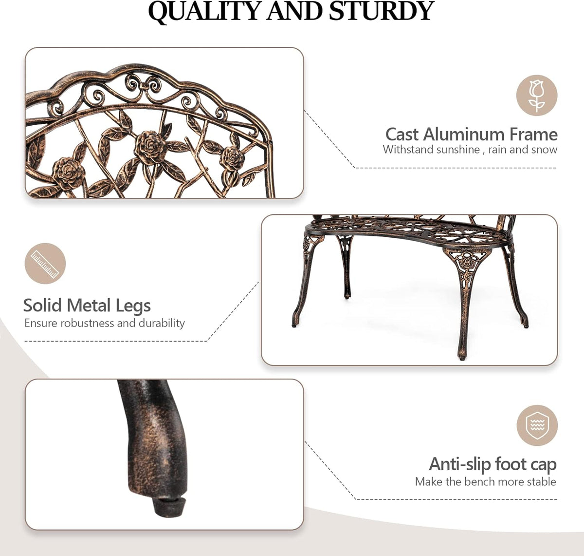 Garden bench detail collage showing the backrest, legs, and foot