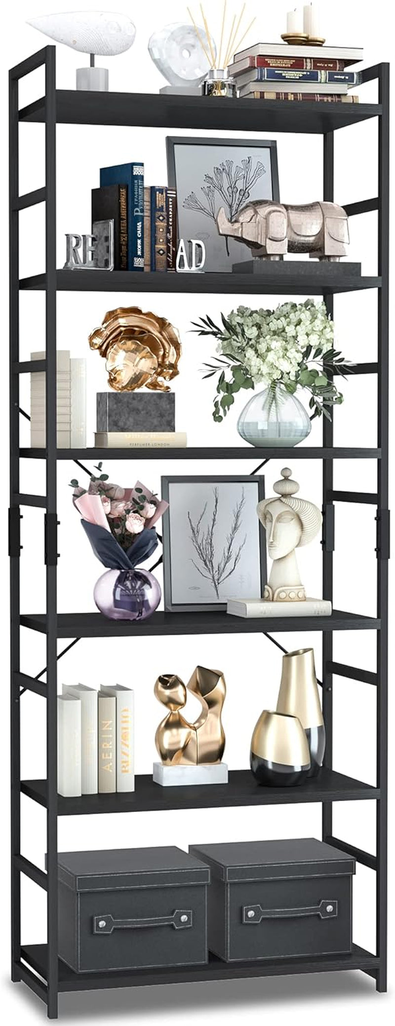 Black metal five-tier bookcase styled with books, vases, sculptures and storage boxes on each shelf.