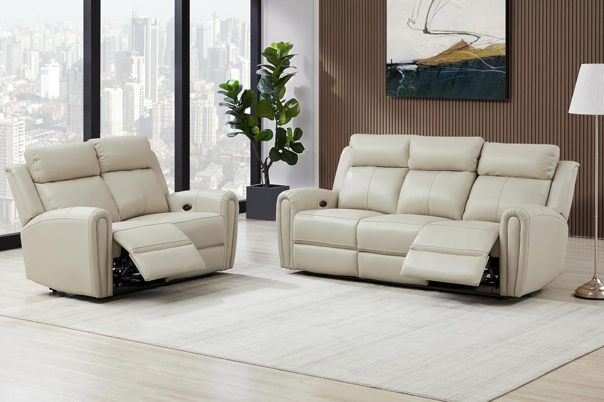 Beige genuine leather three-seat sofa and two-seat loveseat set in a modern living room with recliners extended, angled front