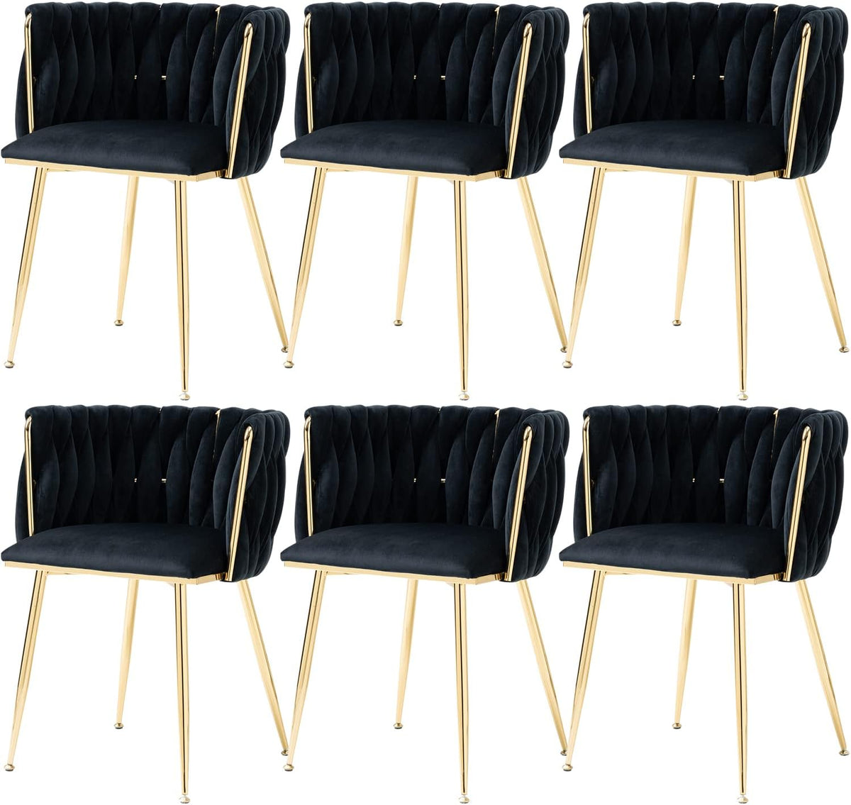 Six black velvet dining chairs with quilted backs and gold metal legs arranged in two rows.