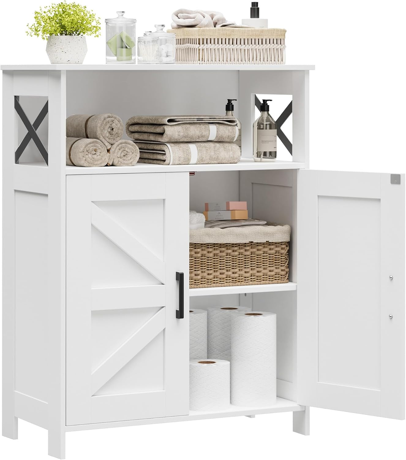 White freestanding storage cabinet with open top shelf, X side cutouts and one door open showing rolls and basket