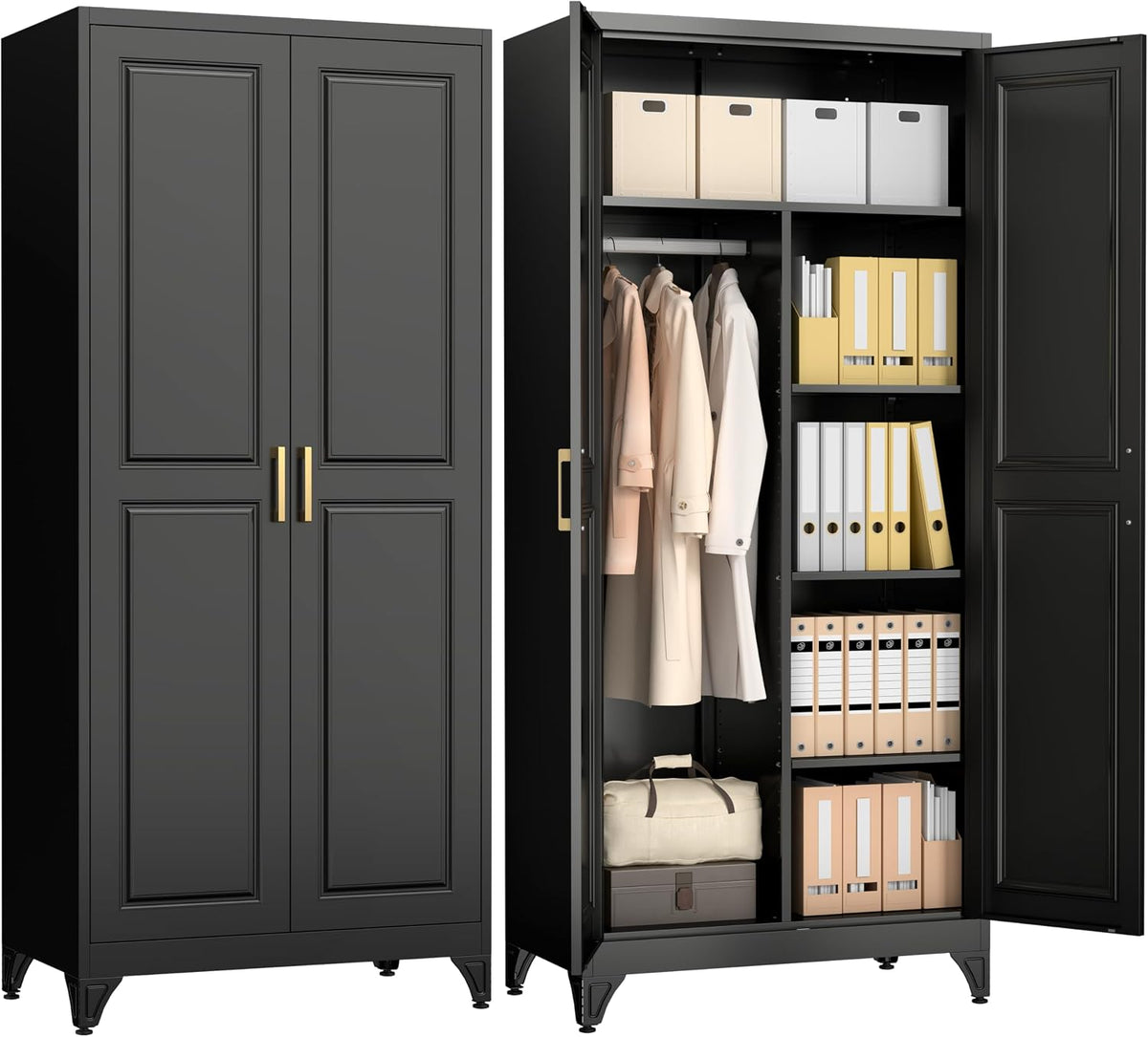 Closed and open view of a tall black metal wardrobe showing hanging coats and shelves with boxes and files