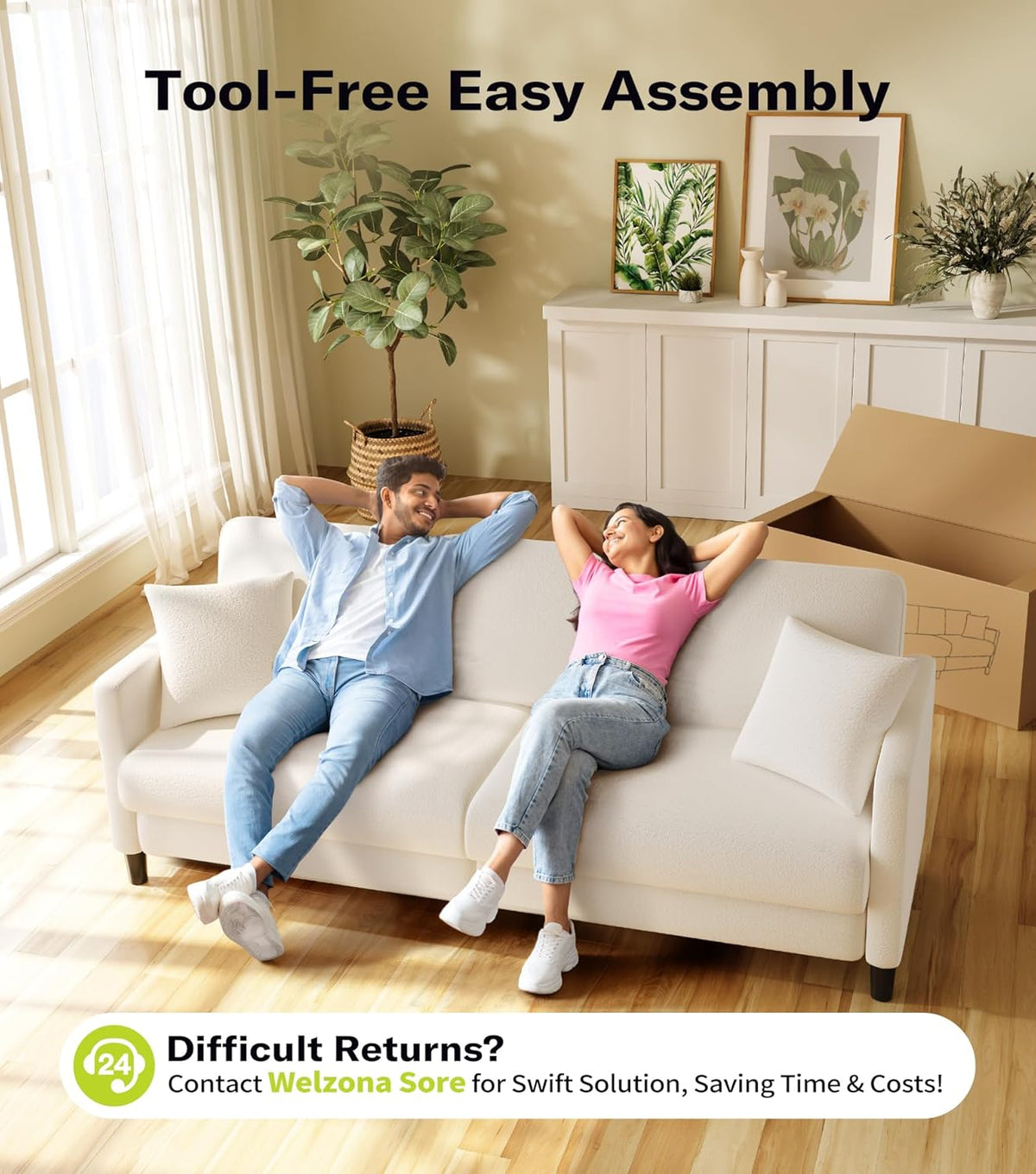 Cream teddy sofa three-quarter view with a couple reclining and an open shipping box showing tool-free assembly