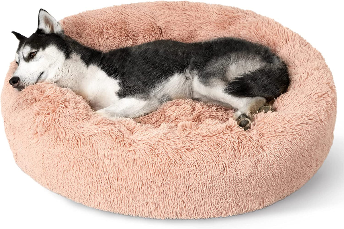 Side view of a black-and-white husky resting in a blush-pink round faux-fur donut bed.