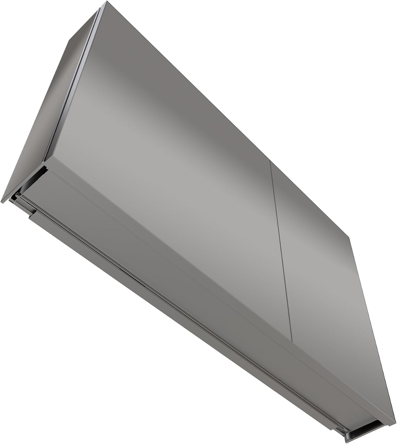 Angled underside perspective of the closed mirrored cabinet showing bottom edge and seam