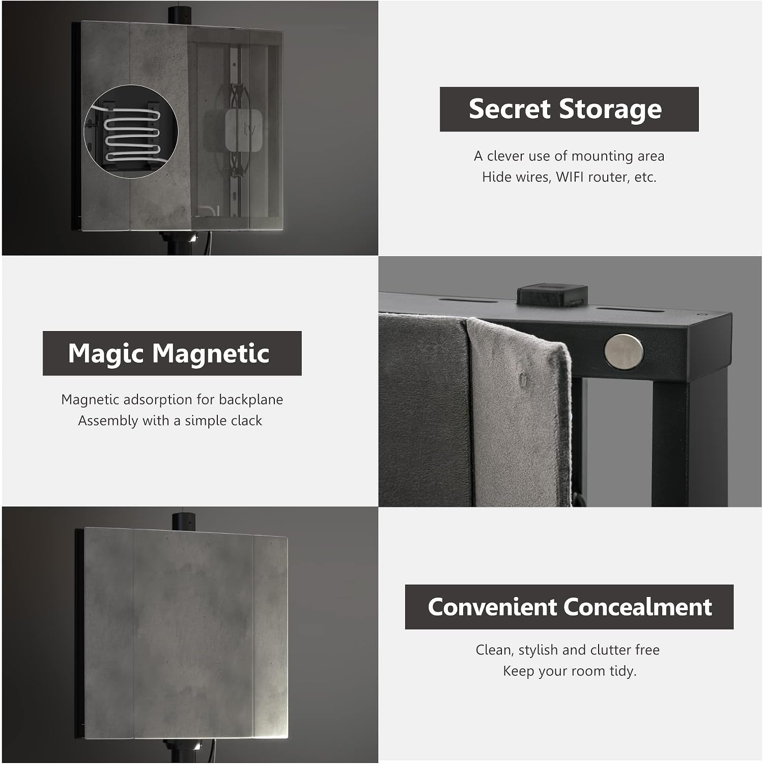Four-panel graphic highlighting secret storage, magnetic backplane and concealed wiring features.