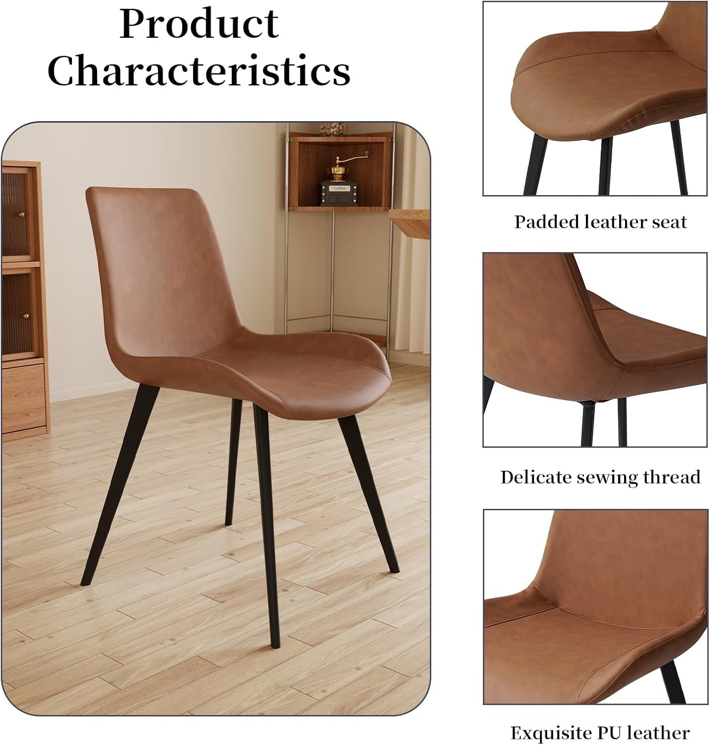 Brown PU upholstered dining chair with padded seat, visible stitching and black metal legs close-up