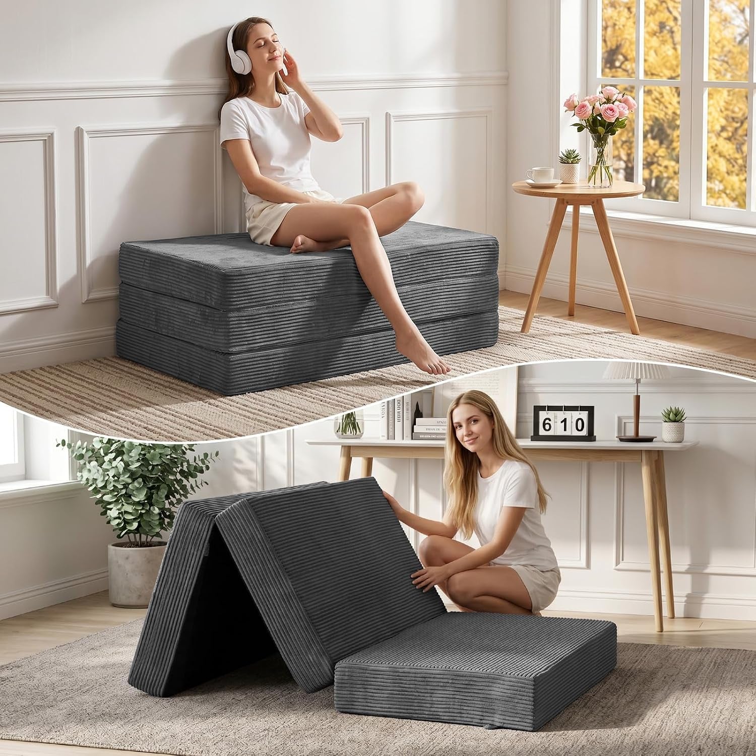 Charcoal tri-fold mattress stacked as a bench by a window and shown folded on the floor with a woman adjusting it.