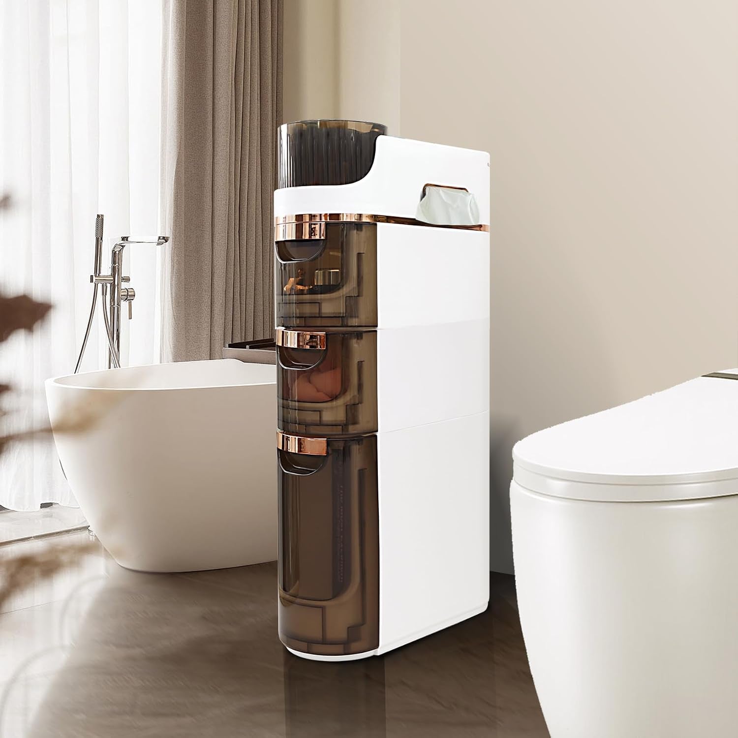 White and brown tall slim storage unit placed between bathtub and toilet in a modern bathroom.
