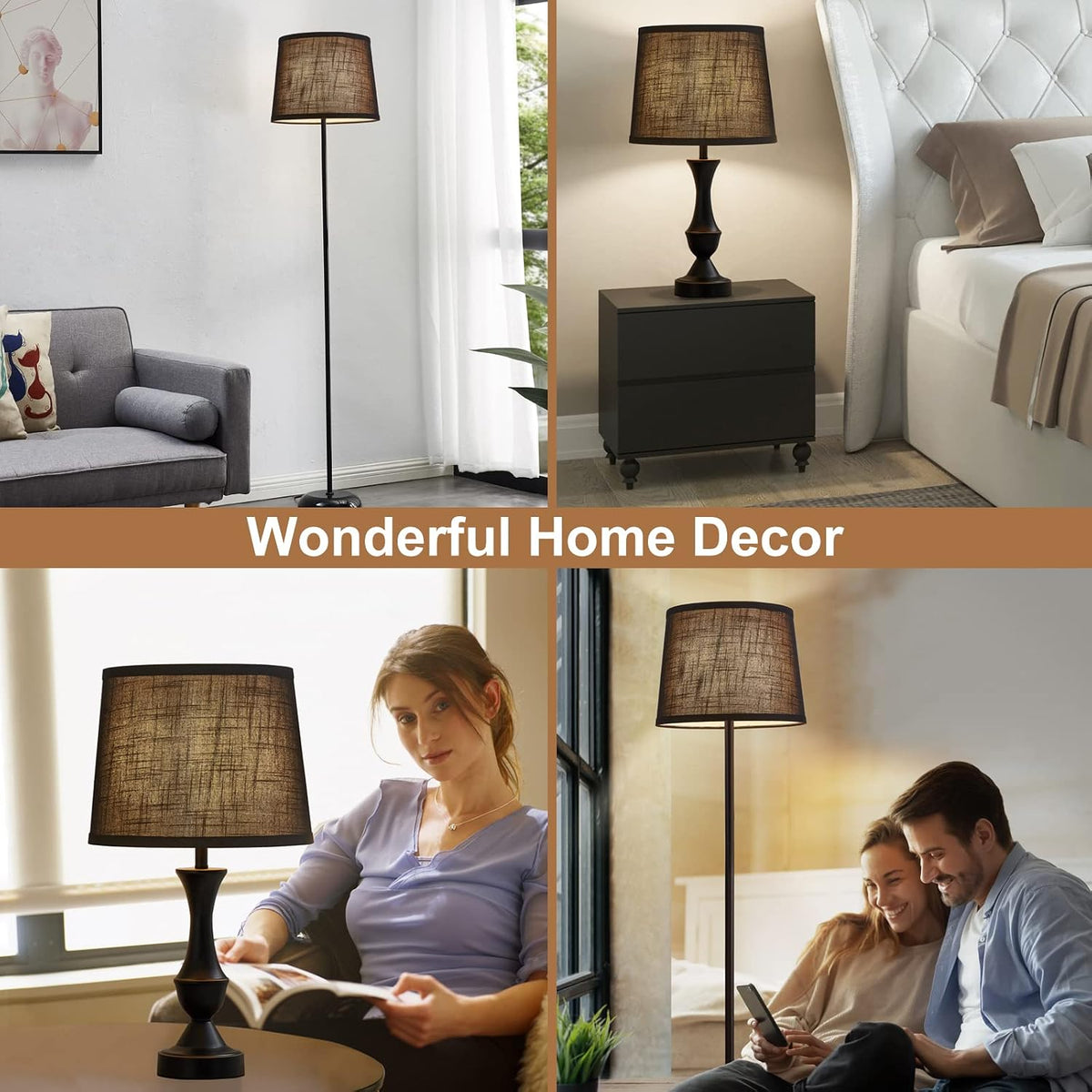 Collage of four room scenes showing a floor lamp and table lamps with dark textured linen shades.