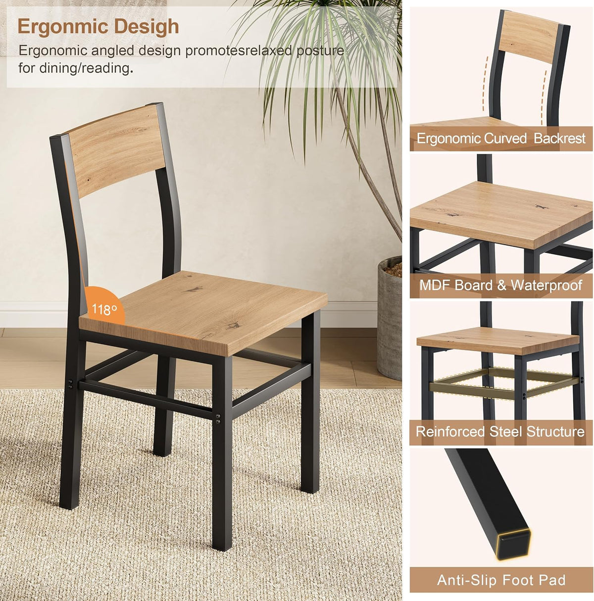 Close-up of a single chair showing curved backrest, square wood seat and black reinforced metal frame