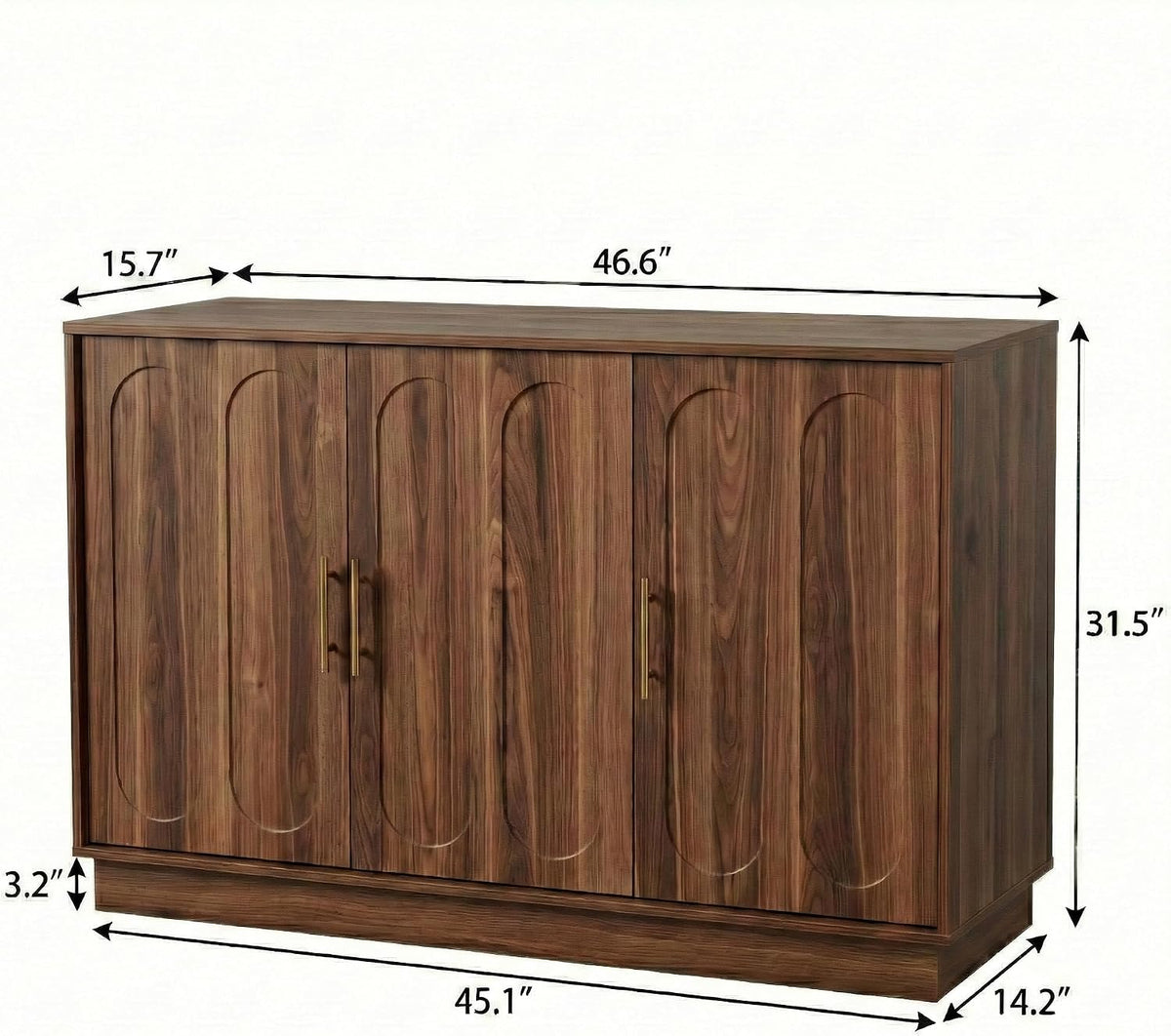 Three-door brown cabinet front view with printed dimension arrows showing width, depth, and height