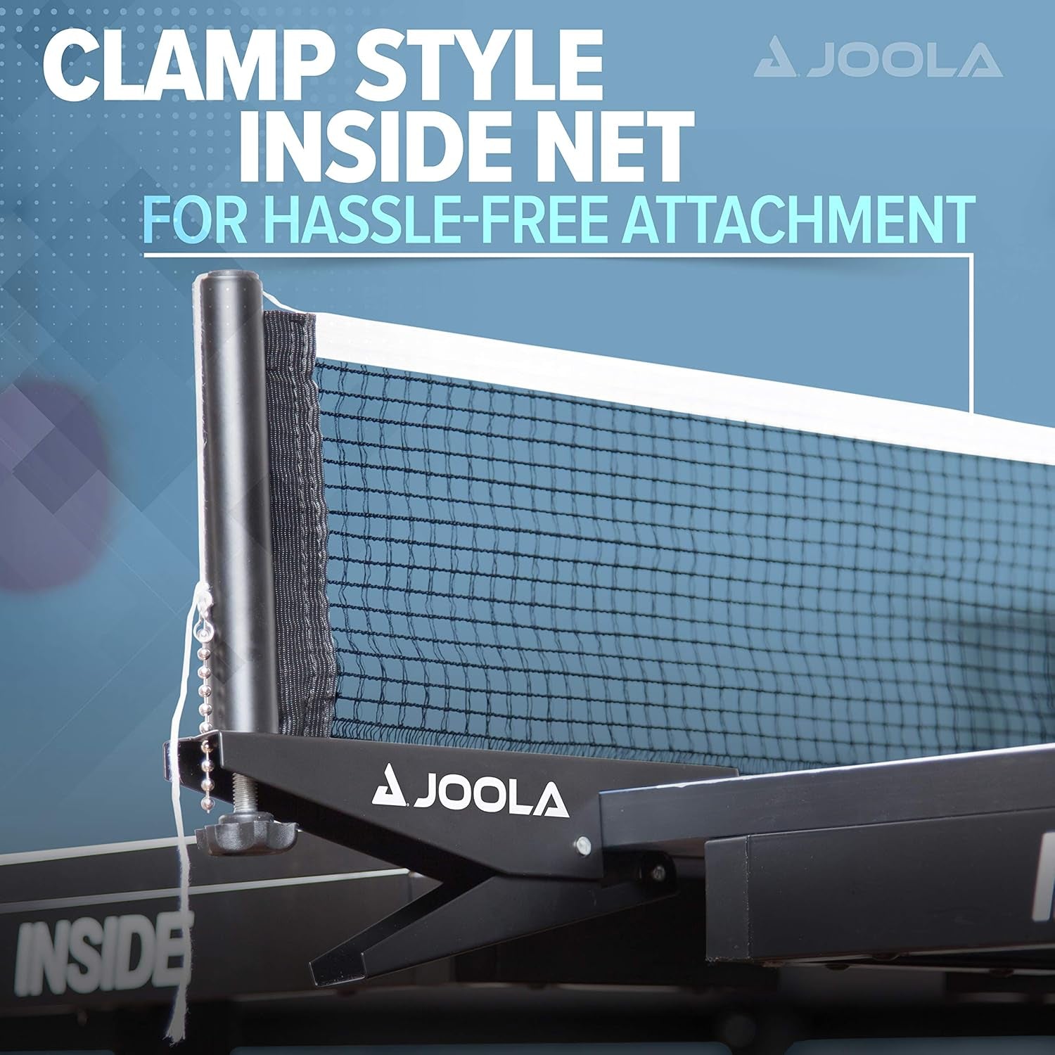 Detailed view of the black metal clamp securing the net to the table edge, angled close-up of net attachment