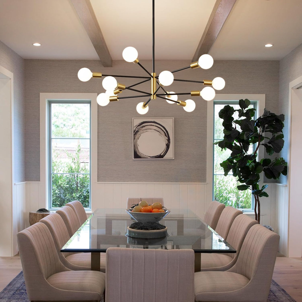 RUIYEY Modern Chandelier Ceiling Light Fixture - 33.4" 12-Light Gold and Black Sputnik Chandeliers, Height, gallery view 8