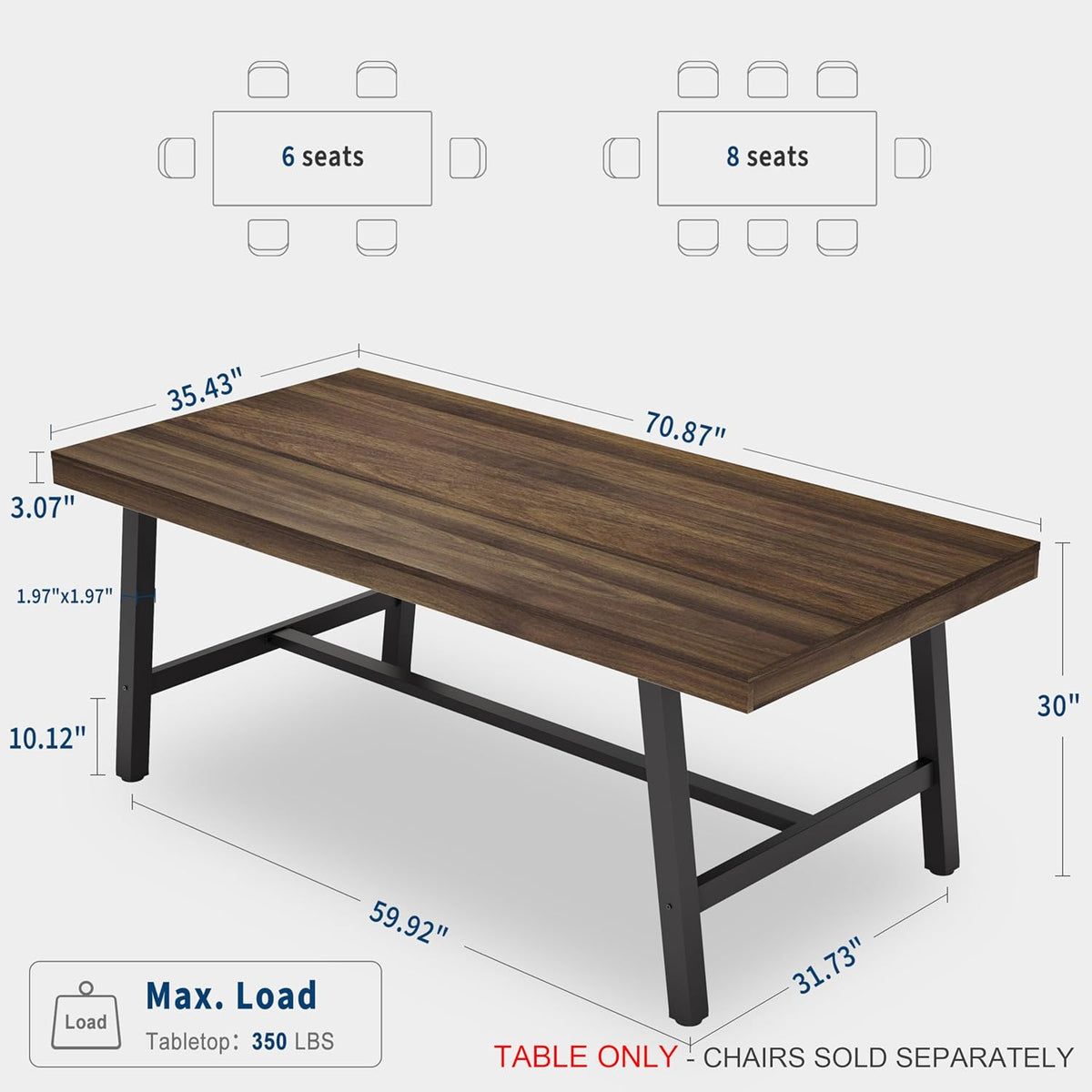 Graphic diagram showing table dimensions 70.87" × 35.43" × 30" and max tabletop load 350 lbs with structural measurements
