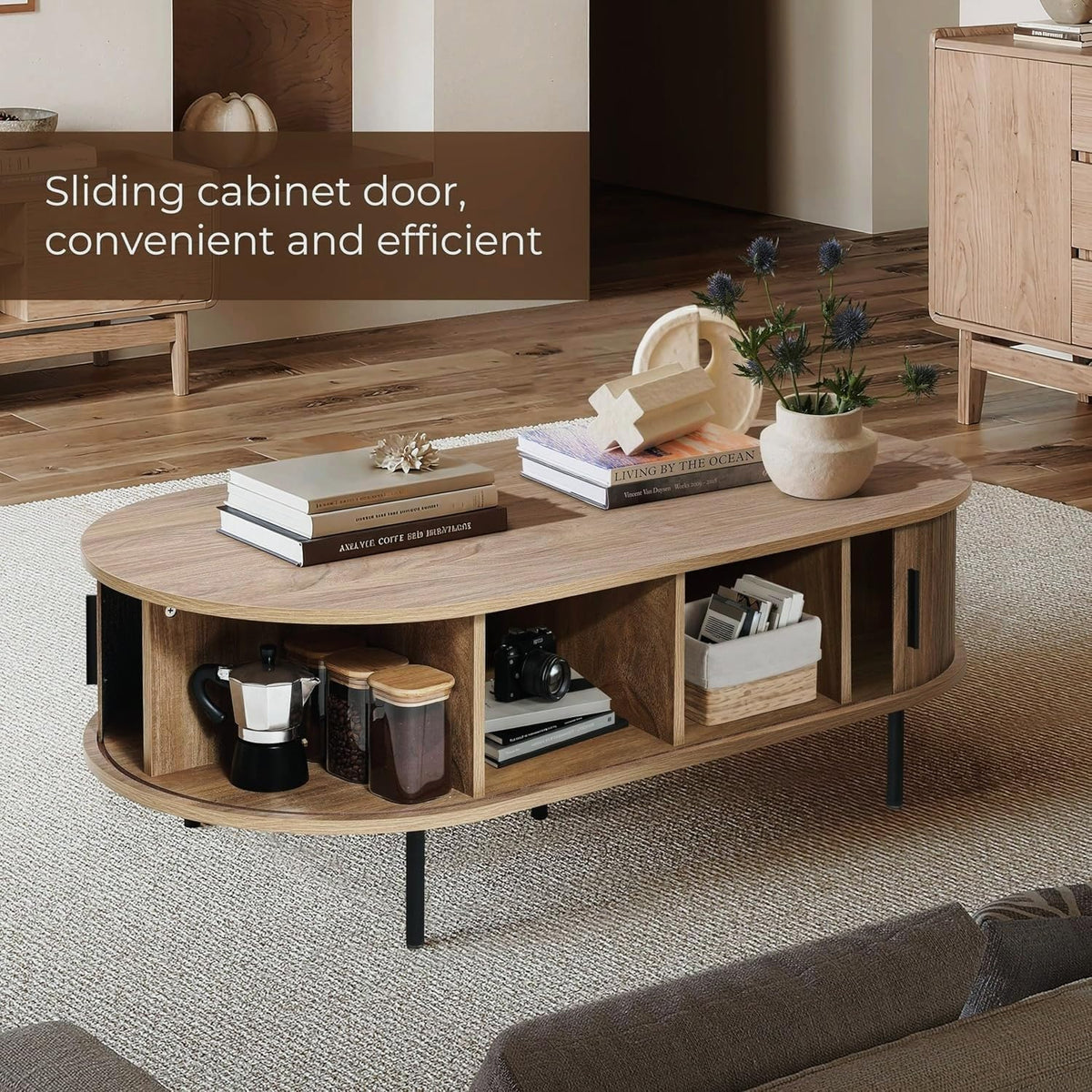 Lifestyle image with tambour door opened to reveal internal storage area holding small kitchen and living items