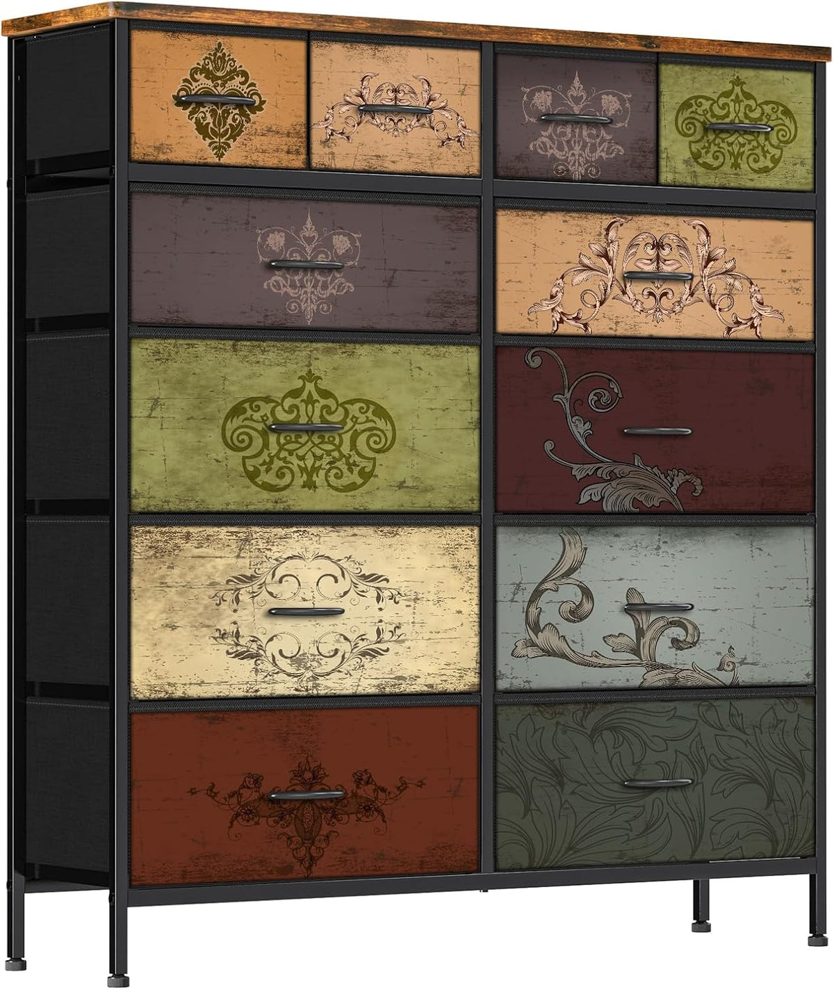 Front view of tall dresser with colorful patterned fabric drawer fronts and metal frame