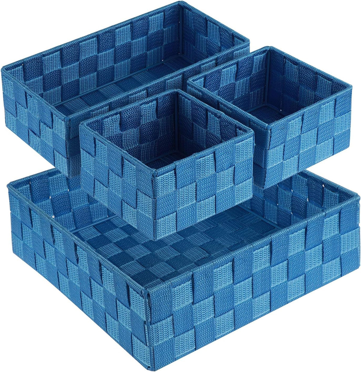 Angled view of four woven polypropylene baskets in a medium blue, arranged to show outer sides and interiors.