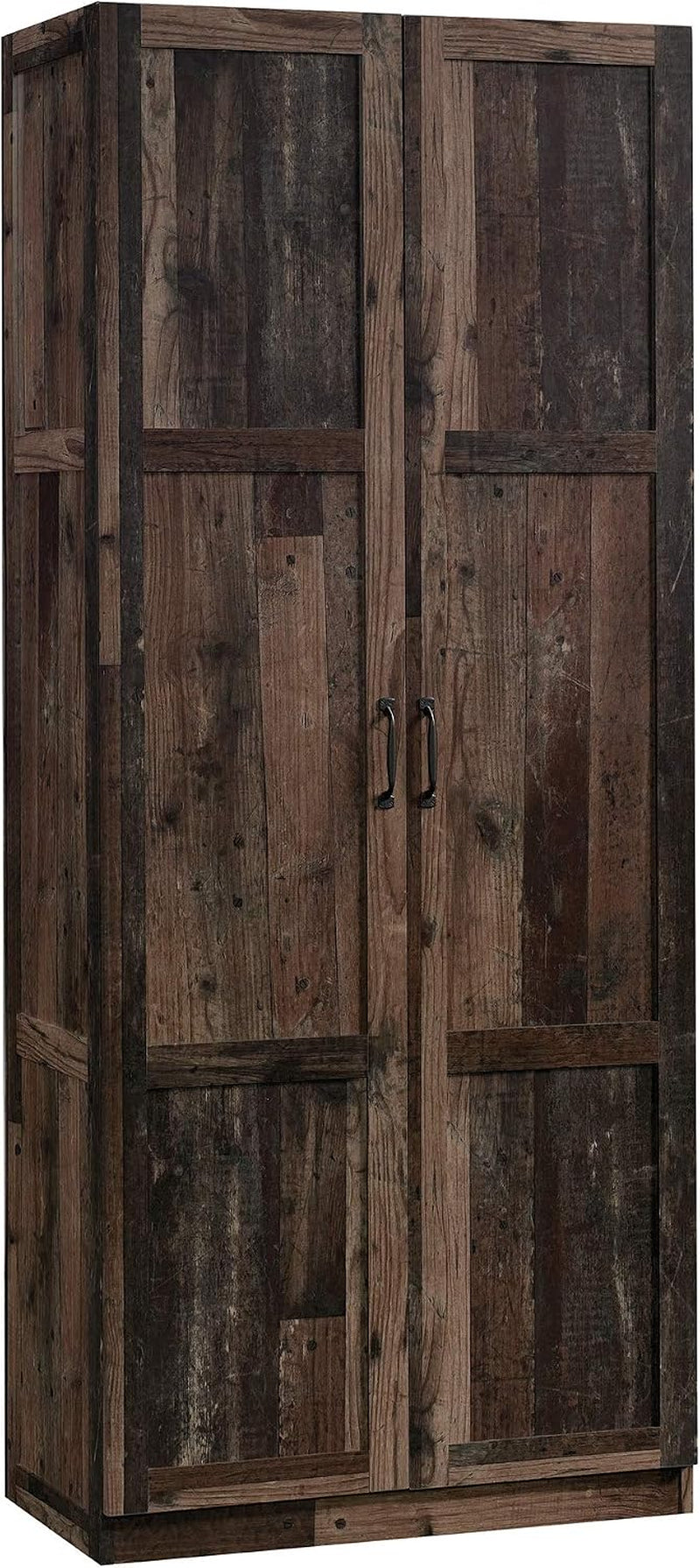 Tall cabinet in dark reclaimed wood finish showing weathered plank texture and metal handles.