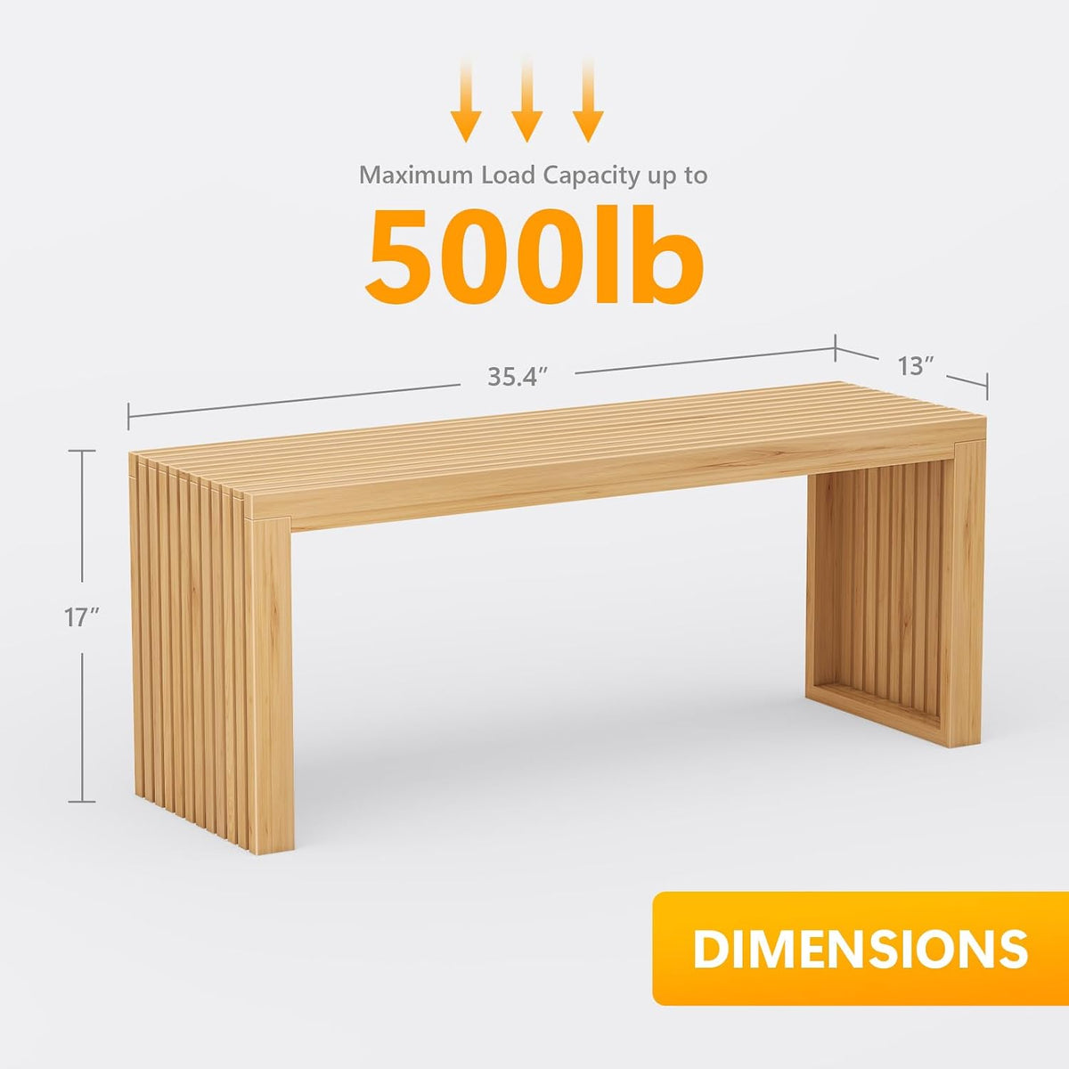 Diagram of bench showing dimensions 35 x 13 x 17 in with a 500 lb load capacity callout