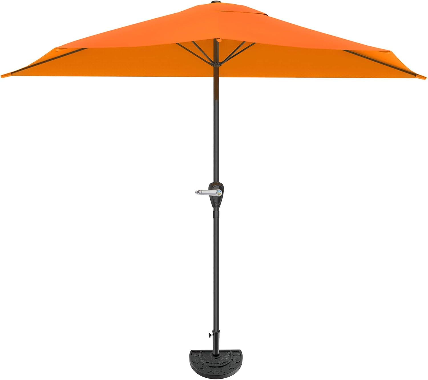 Bright orange half-round umbrella shown upright with black pole, crank and a half-circle weighted base