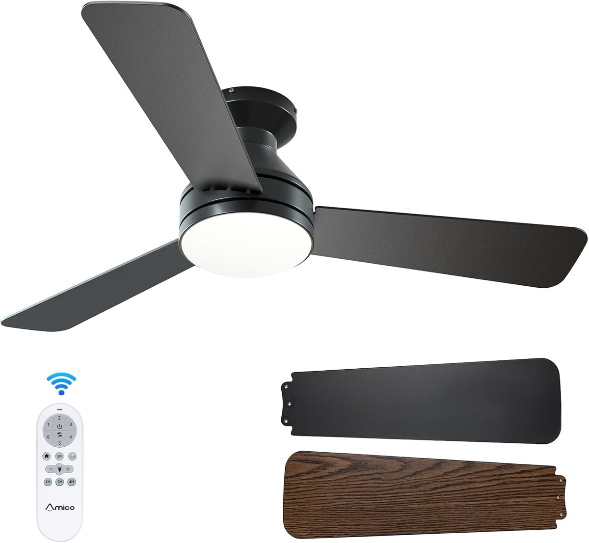 Black three-blade 42-inch ceiling fan with round integrated LED light, remote and two spare blade finishes arranged below